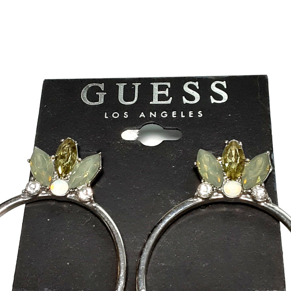 NWT GUESS Los Angeles Silver Tone Hoops Chain Tassels Crystal Boho Earrings - Picture 4 of 4